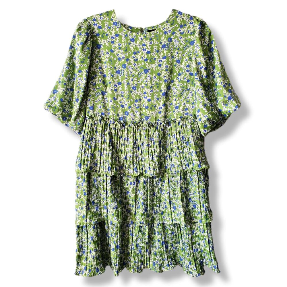 Code X Mode Green Floral Tiered Mini Dress M Twee Spring Summer Career Retro